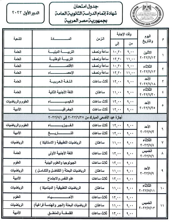 جدول امتحانات الثانوية العامة 2024