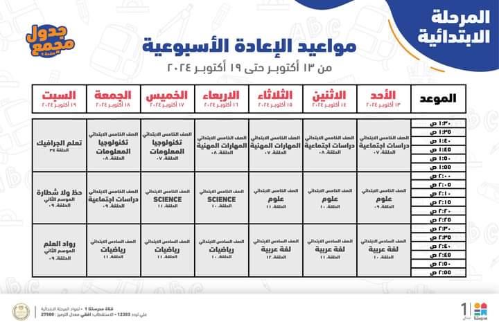 جدول مواعيد البرامج التعليمية لطلاب الرابع والخامس والسادس الابتدائي 2025