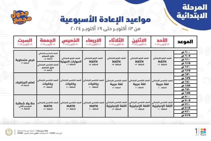 جدول مواعيد البرامج التعليمية لطلاب الرابع والخامس والسادس الابتدائي 2025