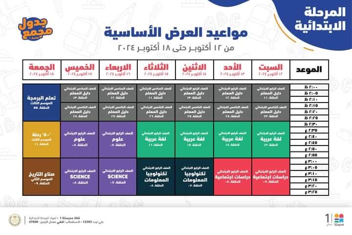 جدول مواعيد البرامج التعليمية لطلاب الرابع والخامس والسادس الابتدائي 2025