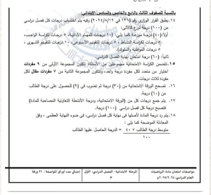 مواصفات وتوزيع درجات امتحان الرياضيات بالترم الأول 2025 لصفوف الابتدائي