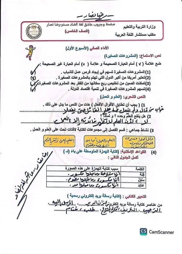 التقييم الاسبوعى للصف الخامس الابتدائي لغة عربية الأسبوع الأول