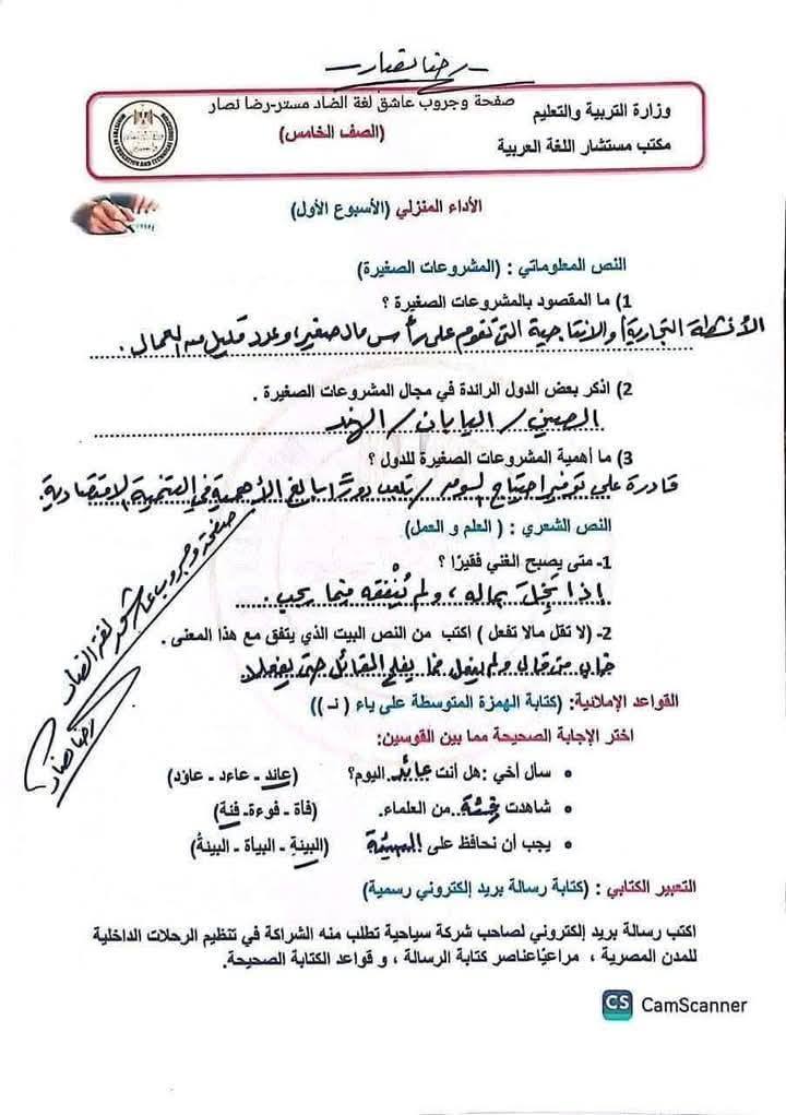 التقييم الاسبوعى للصف الخامس الابتدائي لغة عربية الأسبوع الأول