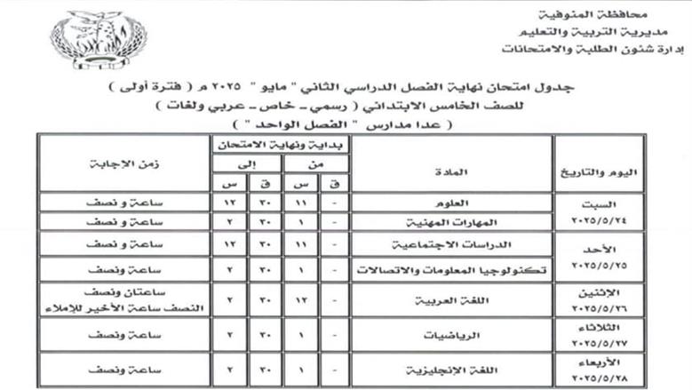 جداول امتحانات الفصل الدراسي الثاني 2025